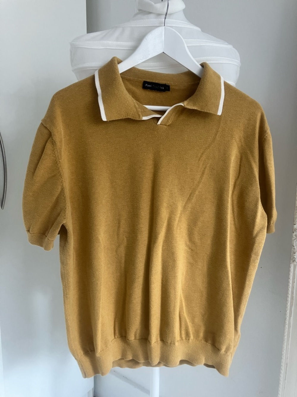 Paul Fredrick Mustard Short-Sleeve V-Neck Polo Sweater with White Trim